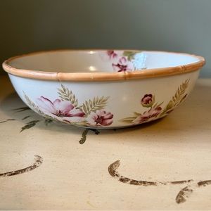 The Cellar Large Pink Green Hibiscus Floral Serving Bamboo Trim Serving Bowl